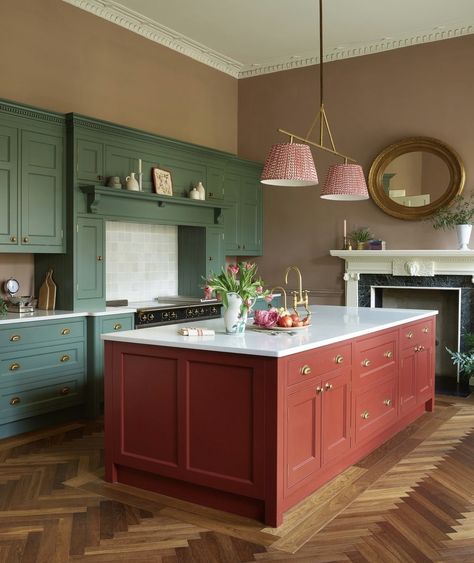 Red Island Kitchen, Interior Color Palettes, Kensington House, Kitchen Cottage, Red Cabinets, Bold Kitchen, Yellow Kitchen, Red Kitchen, Design Studios