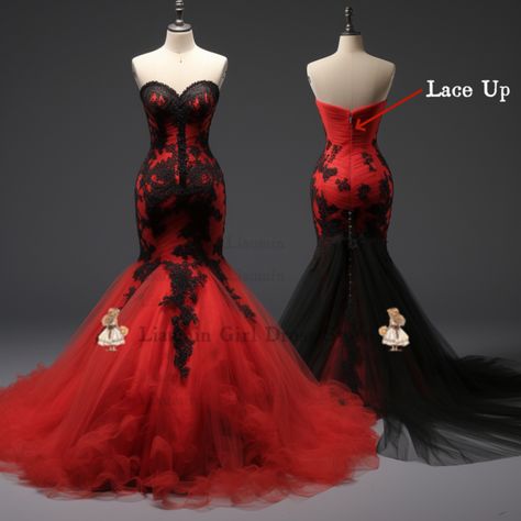 Red And Black Mermaid Wedding Dress, Black And Red Wedding Dresses The Bride, Red And Black Wedding Dress, Red And Black Wedding Theme, Black Mermaid Wedding Dress, Red Wedding Dress Mermaid, Black And Red Wedding, Black Red Wedding, Diy Wedding Reception