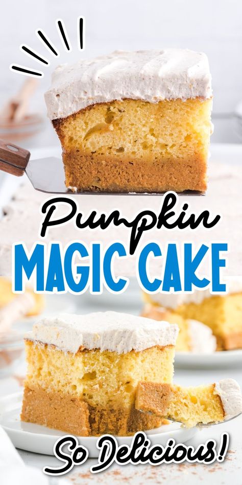 Pumpkin magic cake is a scrumptious fall dessert that will amaze your holiday guests. A layered dessert with moist cake, pumpkin spice flavors, and a creamy cool whip frosting, it tastes as delicious as beautiful as it looks! The magical part of this cake is that it displays three distinct layers that all come from one batter. Pumpkin Magic Cake, Whip Frosting, Magic Cake Recipes, Cool Whip Frosting, Pumpkin Magic, Custard Cake Recipes, Whipped Pumpkin, Cake Pumpkin, Pumpkin Roll Cake