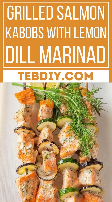 Grilled Salmon Kabobs With Lemon Dill Marinade Grilled Salmon Kabobs, Lemon Dill Chicken, Salmon Kabobs, Pork Satay, Pork Kabobs, Dill Chicken, Chicken Lettuce Wraps Recipe, Grilled Shrimp Recipes, Lemon Dill