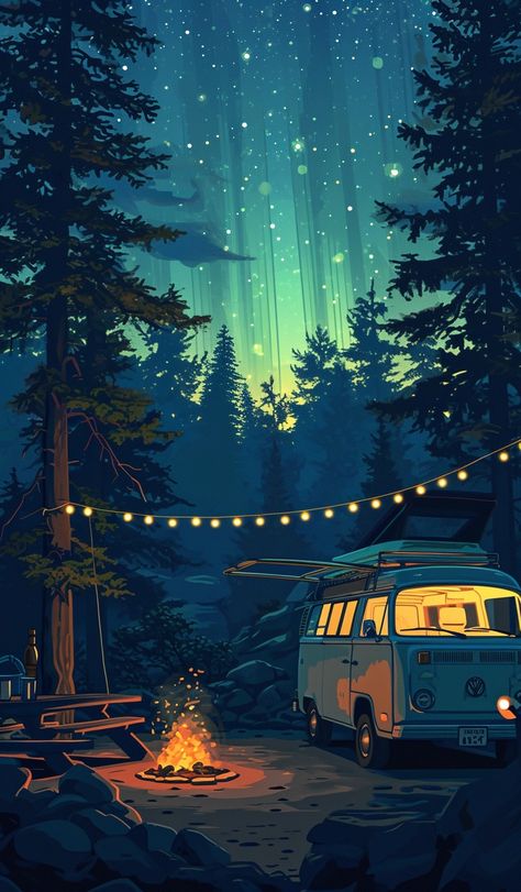 💎🎨Travel Wall Art with Midjourney Prompts - Go to the Link in my Bio🔗🔍 Travel Digital Art, Camper Illustration, Campfire In The Woods, Camp Wallpaper, Camper Wallpaper, Van Illustration, Wanderlust Aesthetic, Road Trip Art, Camping Wallpaper