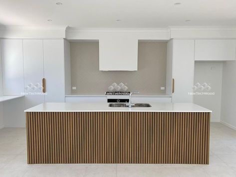 Wood Slats On Kitchen Island, Fluted Wall Panel Kitchen Island, Fluted Kitchen Island, Fluted Panelling, Cladding Kitchen, Walnut Kitchen Island, 60s House, Composite Siding, Main Kitchen