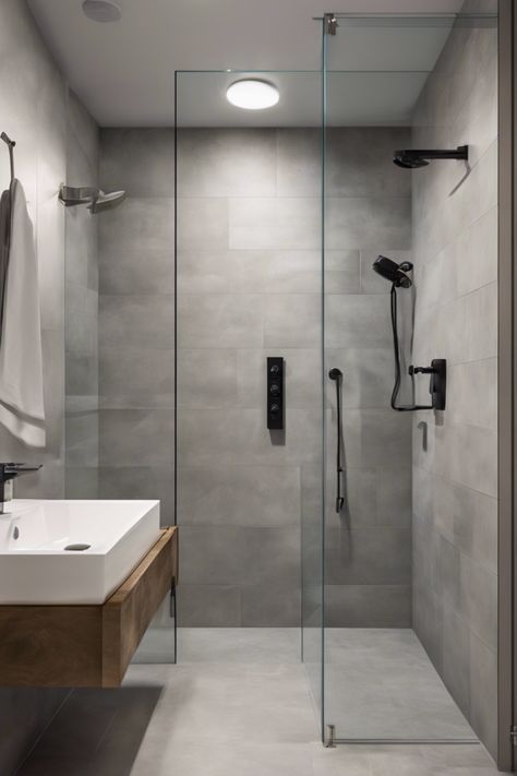 Modern bathroom with a glass-enclosed shower and a wall-mounted sink. Wet Room Bathroom Ideas, Small Wet Room Ideas, Wet Room Ideas, Teak Shower Floor, Room Bathroom Ideas, Small Wet Room, Wet Room Bathroom, Modern Fixtures, Ideas For Small Bathrooms