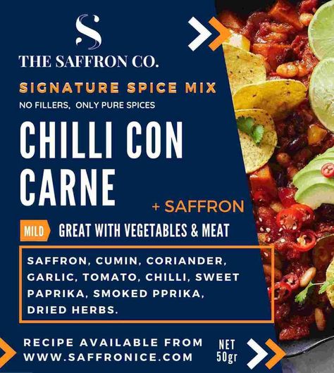 Our Chilli Con Carne Seasoning with Saffron is a masterful blend of spices designed to bring a vibrant kick to your dishes. Infused with premium saffron, this mix adds a unique depth to the classic Chilli Con Carne. Perfect for those who love bold flavours without added gluten, salt, or sugar. This seasoning is not just for chilli; it's a versatile companion for various vegetables. Recipe: Beef Chilli con Carne and Saffron Transform your cooking with our Chilli Con Carne Seasoning with Saffron – a perfect blend for those who enjoy the heat of chilli with a hint of exotic saffron. Explore other Herbs & Spices Mix with Saffron Classic Chilli, Beef Chilli, Saffron Spice, Sweet Paprika, Recipe Beef, Dried Herbs, Seasoning Blend, Healthy Dishes, Spice Mixes