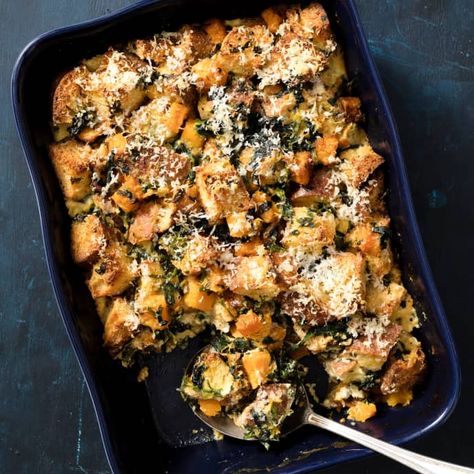 Butternut Squash and Spinach Bread Pudding | America's Test Kitchen Recipe Recipes For Bread Pudding, Butternut Squash And Spinach, Butternut Squash Bread, Savory Bread Pudding, Recipes For Bread, Butternut Squash Spinach, Spinach Bread, Squash Bread, Savory Bread Puddings