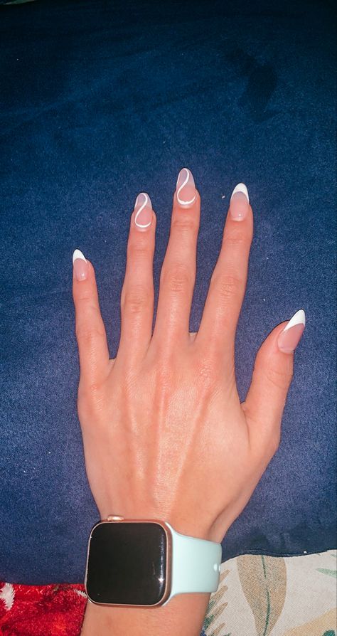 White Tipped Acrylic Nails, White French Too Acrylics, Nails With White Tips And Design, White Nails With French Tip Accent, Nails To Get With A White Dress, Almond Nails White French Tip Design, Summer Nails 2023 French Tips White, Cute Acrylic French Tips, White Abstract French Nails