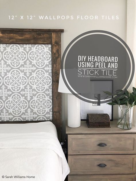 Make a statement with a DIY king sized headboard using 12' x 12' floor tiles! When it came to our master bedroom makeover, I wanted to create a unique headboard that I hadn't seen before. I've also been wanting to add a more modern and southwestern style flare to our bedroom and the idea to use TILE to create a one of a kind headboard popped into my head! I knew that real tile with mortar and grout would be pretty heavy so I instantly turned to my favorite peel and stick wallpaper company - Wal Tarva Dresser As Nightstand, Tarva 3 Drawer Dresser Hack, Bedside Dressers, Peel And Stick Headboard, Diy King Size Headboard, Wallpaper Headboard, Tarva Dresser, Faux Headboard, Ikea Tarva Dresser