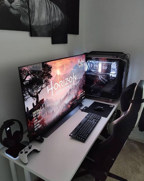 Gaming Desk Setup, Computer Desk Setup, Home Studio Setup, Pc Gaming Setup, Video Game Room Design, Desktop Setup, Video Game Rooms, Bedroom Setup, Computer Room