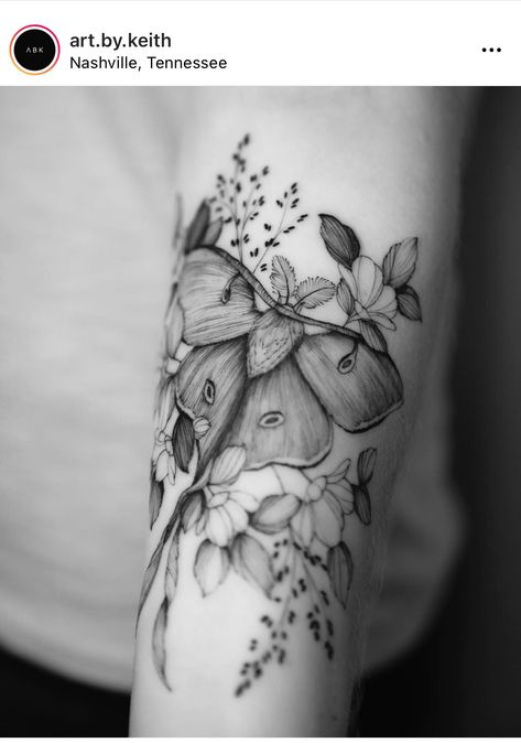 Luna Moth Flower Tattoo, Lunar Moth With Flowers Tattoo, Luna Moth With Flowers Tattoo, Floral Moth Tattoo Sleeve, Moon Garden Tattoo, Luna Moth And Flowers Tattoo, Botanical Moth Tattoo, Moth And Flower Tattoo, Luna Moth Tattoo Design