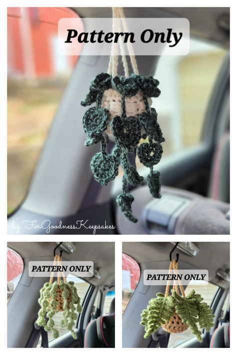 Mini Hanging Car Plant Crochet Patterns Pothos Crochet, Crochet Hanging Plant For Car Pattern, Crochet Car Mirror Hanging Pattern, Crochet Mirror Hanging Pattern, Crochet Car Plant Pattern Free, Car Plant Crochet Pattern, Crochet Car Hanger Pattern, Hanging Car Plant Crochet, Crochet Car Charm Free Pattern