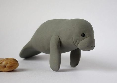 Clay Manatee, Manatee Art, Cow Sculpture, Forest Project, Nautical Cake, Animals Sea, Miniature Clay, Sea Cow, China Clay