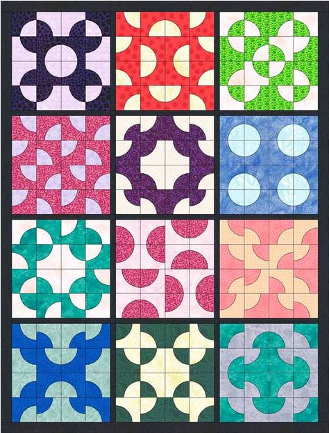 Each section in this diagram shows a different way to arrange Drunkard's Path blocks Drunkards Path Quilt Variations, Circle Quilt Patterns, Curved Piecing, Drunkards Path Quilt, History Of Quilting, Drunkards Path, Traditional Quilt Patterns, Quilting Designs Patterns, Circle Quilts