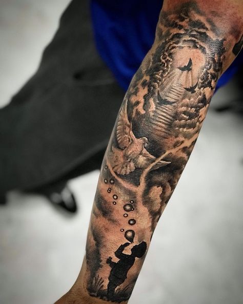 258 Likes, 4 Comments - Faisal Al-lami (@tattoo.sal) on Instagram: “Memorial tattoo with my friend @kdb2_ #sleevetattoo @tattoo.sal Only @seventhsealtattoo —— ——…” Memorial Arm Sleeve Tattoo, Memorial Half Sleeve Tattoos, Memorial Tattoo For Grandfather, Mens Memorial Tattoos, Rest In Peace Tattoos For Men, Father Memorial Tattoo, Grandfather Memorial Tattoos, Memorial Tattoo Sleeves, Memorial Tattoos For Men