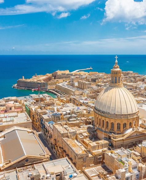 Aerial view of Lady of Mount Carmel church, Valletta, Malta Valletta Malta Aesthetic, Malta Country, St Johns Cathedral Malta, Valletta Malta Photography, Mount Carmel, Malta History, Room Posters, Malta, Aerial View