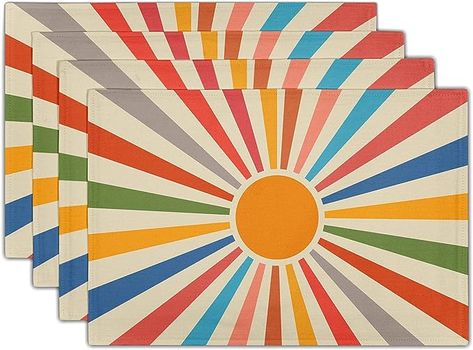 Amazon.com: Colorful Boho Placemats Set of 4 Rustic Retro Rainbow 70s Sun Linen Washable Kitchen Dining Table Mats Stain Heat-Resistant Desktop Decor Place Mats for Home Party Indoor 12x18 in : Home & Kitchen Retro Placemats, Sun Patterns, Boho Placemats, Plate Mats, Casual Kitchen, Dining Table Mats, Dark Wood Table, Cowhide Print, White Dining Table