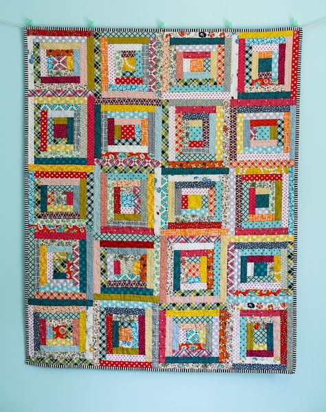 Love this scrap-happy Log Cabin baby quilt! That striped binding really ties it together. From Audrie Bidwell via the Blue is Bleu blog. Scrappy Log Cabin, Log Cabin Quilt Pattern, Log Cabin Quilt Blocks, Scrappy Quilt Patterns, String Quilts, Log Cabin Quilts, Scrap Quilt, Log Cabin Quilt, Strip Quilts