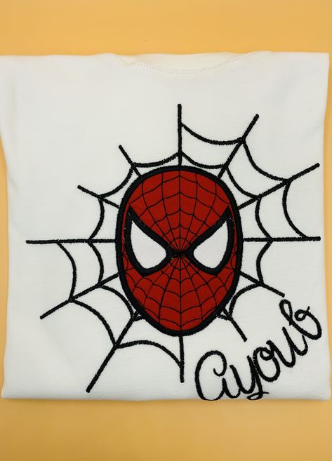 Spider Man Embroidery, Spider Applique, Superhero Tshirt, Man Embroidery, Spiderman Shirt, Super Hero Shirts, Embroidery Tshirt, Spiderman Birthday, Embroidered Name