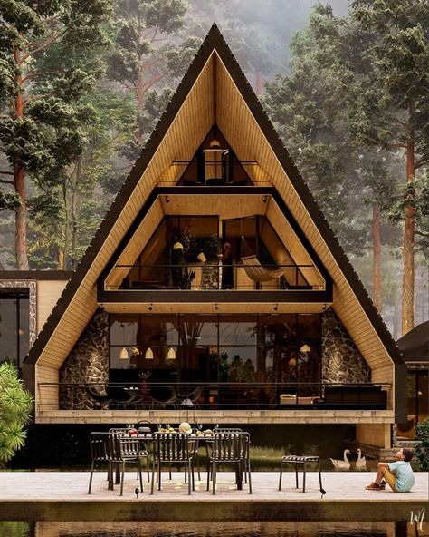 A Frame Mansion, Modern Wooden House Design, Triangle House Design, Wooden Modern House, Wooden House Architecture, Prefab Outdoor Kitchen, Chalet Modern, Prefab Shipping Container Homes, Prefab Container Homes