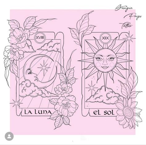 Sun Moon And Stars Tarot Tattoo, The Sun Tarot Tattoo Design, Lover Tarot Tattoo, Psychic Medium Tattoos, Sun Moon Tarot Card Tattoo, Oracle Card Tattoo, Tarot Card Sun Tattoo, Tarot Sun Tattoo, Tarot Card Outline