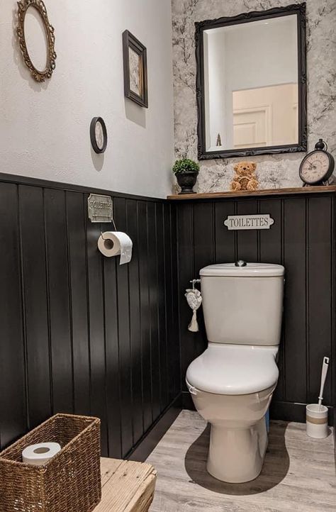 Downstairs Toilet Panelling Ideas, Black Bathroom Panelling, Small Dark Toilet Room, Wallpaper Toilet, Restroom Remodel, Small Downstairs Toilet, Cloakroom Toilet, Bathroom Under Stairs, Master Bath And Closet