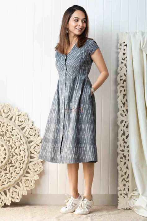 Buy Heartwarming KCB47 Livia Ikkat Mid Length Dress Online | Kessa Cotton Ikkat Dress Designs, Simple Aline Dress Pattern, Ajarak Print Dress Design, Ikkat Dresses Designs, Aline Frock Design, Aline Frocks For Women, Aline Dresses For Women, Ikkat Kurta Designs, Aline Frock