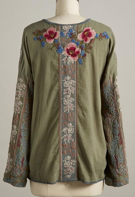 Johnny Was for Sundance: Merlin blouse in Lichen, embroidered cotton, back view (US $285 from the Sundance catalogue, spring 2022) Sundance Catalog, Back View, Center Stage, Johnny Was, Merlin, Tunic Tops, Stitching, Long Sleeve Blouse, Embroidery