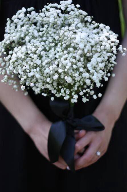 Bouquet With Black Ribbon, White Bridal Flowers, Church Wedding Dress, Gypsophila Bouquet, Smith Wedding, Black And White Wedding Invitations, Ribbon Bouquet, Baby Breath, Wedding Dress With Veil