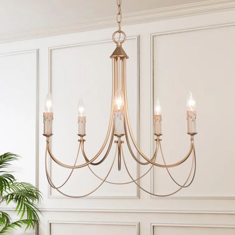 Rosdorf Park Fieldhouse 5 - Light Dimmable Chandelier | Wayfair Flaming Candle, Modern Gold Chandelier, Chandelier Candle, Kitchen Island Pendant Light, French Country Chandelier, Country Chandelier, Island Bedroom, Light For Dining Room, Kitchen Island Chandelier