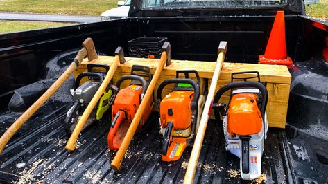 This was just a fun project to build to hold axes and chainsaws. Keeps everything from rolling around in the bed #axes #chainsaw Chainsaw Truck Storage, Chainsaw Storage, Chainsaw Holder, 1978 Ford F150, Chainsaw Case, Ford F150 Custom, Truck Storage, Laser Beam, F150 Truck