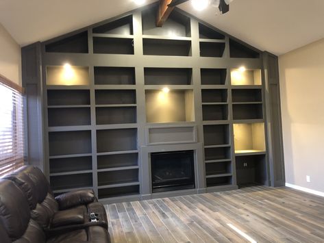 Library Wall Around Fireplace, Bookcase Wall High Ceiling, Built In Library Wall With Fireplace, Large Wall Bookcase, Built Ins On Angled Wall, Fireplace Library Wall, Built In Bookshelves Vaulted Ceiling, Book Shelf Fireplace, Big Book Shelf