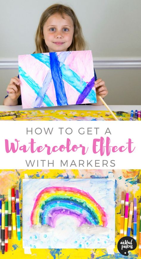 Learn how to get a watercolor effect with marker drawings. This watercolor with markers art technique is easy and effective for kids of all ages.  #kidsart #artsandcrafts #kidsactivities #paintingtechniques #kidspainting Marker Watercolor Art, Watercolor With Markers, Nanny Ideas, Artful Parent, American Folklore, Markers Art, Watercolor Markers, Messy Art, Kids Painting