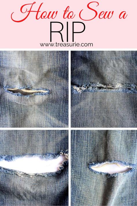 How to Sew a Rip - Best Way to Sew Tears | TREASURIE How To Sew A Rip By Hand, Fixing Rips In Jeans, How To Sew A Tear By Hand, How To Sew Ripped Jeans By Hand, Embroidery To Fix Rips, How To Repair Ripped Jeans, Darning Jeans, Repairing Clothes, Visible Mending Stitches