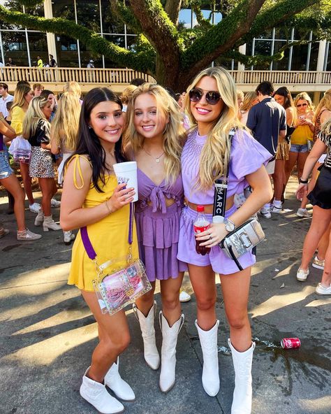 Ecu Gameday Outfit, Ecu College Aesthetic, Cute Lsu Game Day Outfits, Purple And Gold Game Day Outfits, Ecu Game Day Outfit, Lsu Tailgate Outfit, Purple Gameday Outfit, Purple Game Day Outfit, Lsu Gameday Outfit