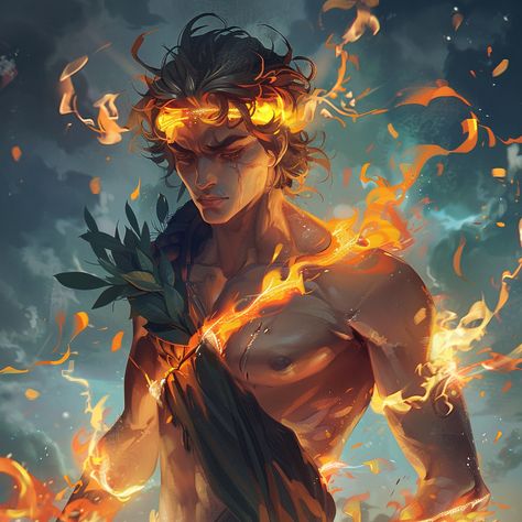 the God of Fire, ancient Greece, kawii anime style God Of Fire Fantasy Art, Fire God Art, Greek Fantasy Art, God Oc, Survival Clothes, God Of Fire, Fire God, Fire Magic, Yellow Candles