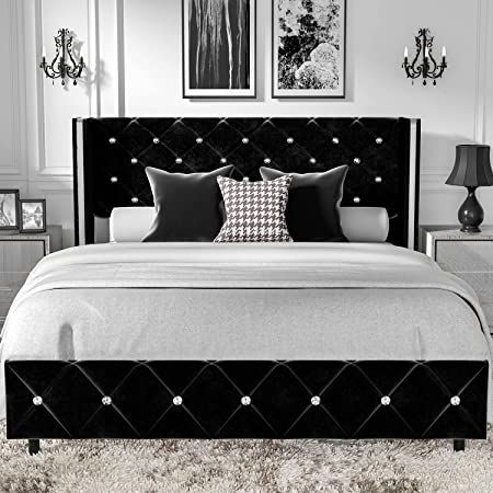 Bed Frame Upholstered, Diamond Tufted Headboard, Velvet Bed Frame, Black Bed Frame, Velvet Upholstered Bed, Queen Size Platform Bed, Bedding Inspiration, Full Size Bed Frame, Black Headboard