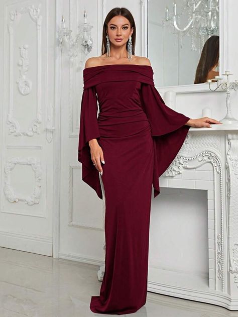 Giffniseti Ladies' One-Shoulder Long-Sleeved Evening Dress Ball Gown | SHEIN USA Dress With Flared Sleeves, Women Prom Dresses, Plus Size Mini Dresses, Formal Dresses With Sleeves, Plus Size Romper, Womens Prom Dresses, Scarf Dress, Full Length Dress, Plus Size Maxi Dresses