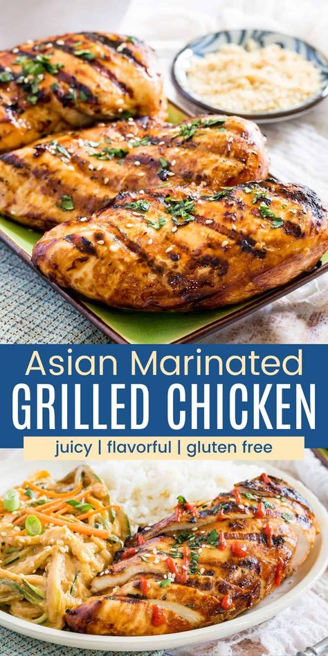 Looking for a show-stopping grilled chicken recipe? Our Asian Grilled Chicken is a winner! Juicy chicken breasts marinated in a mouthwatering blend of soy sauce, honey, lime, garlic, and ginger, resulting in a sweet and sticky glaze that will have you reaching for seconds. Best of all, one simple swap makes it gluten-free! Asian Grilled Chicken Recipes, Chicken Breast Marinade For The Grill, Gluten Free Chicken Breast Recipes, Chicken Marinade For The Grill, Asian Chicken Marinade, Asian Grilled Chicken, Grilled Chicken Seasoning, Asian Marinade For Chicken, Best Grilled Chicken Recipe