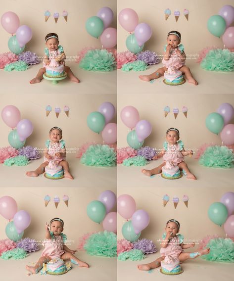 Sweet One Birthday Photoshoot, Ice Cream Smash Cake, Pastel Cake Smash, Birthday Photo Ideas, 1st Year Cake, Pastel Rainbow Cake, Ice Cream Party Theme, Cake Smash Theme, Baby Birthday Photoshoot