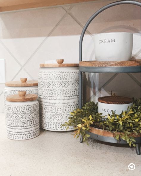 Flour Canister Ideas, Canisters For Kitchen Display, Flour And Sugar Containers On Counter, Keurig Pod Storage Ideas, Keurig Coffee Station On Counter, Coffee Canister Ideas, Kitchen Canisters On Counter, Coffee Bar Canisters, Kitchen Counter Canisters