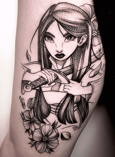 Princess Mulan Tattoo Design Images (Princess Mulan Ink Design Ideas) Mulan Sleeve Tattoo, Mulan Tattoo Ideas, Tattoo Ideas Princess, Mulan Tattoo, Fierce Tattoo, Disney Sleeve Tattoos, Princess Mulan, Disney Sleeve, Princess Tattoo