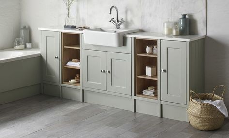 Burford Pebble Grey | Fitted Bathroom Furniture | Roper Rhodes Bathroom Furniture Uk, Fitted Bathroom Furniture, Roper Rhodes, Fitted Bathroom, Oak Panels, Vanity Chair, Pebble Grey, Muted Tones, Gray Interior