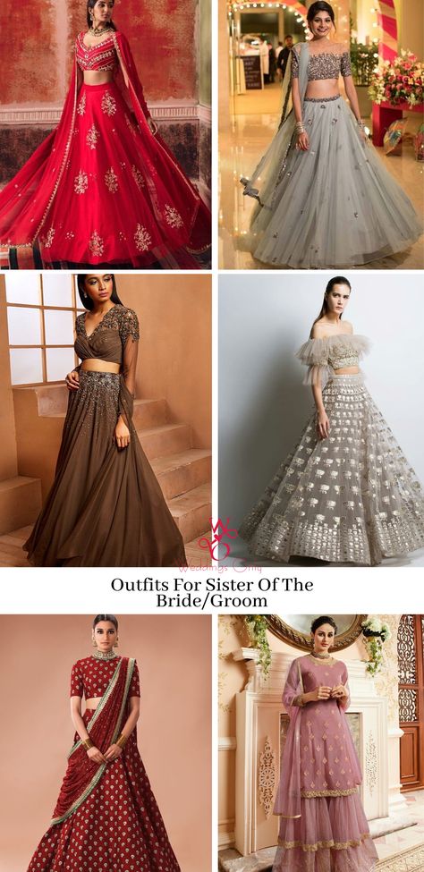 Lehnga Designs For Brother Wedding, Types Of Indian Wedding Outfits, Wedding Outfits For Sister Of Groom, Designer Lehenga For Brother Wedding, Indian Outfits For Sisters Wedding, Brothers Reception Outfit For Sister, Saree For Grooms Sister, Brother Reception Dress For Sister, Groom's Sister Outfit