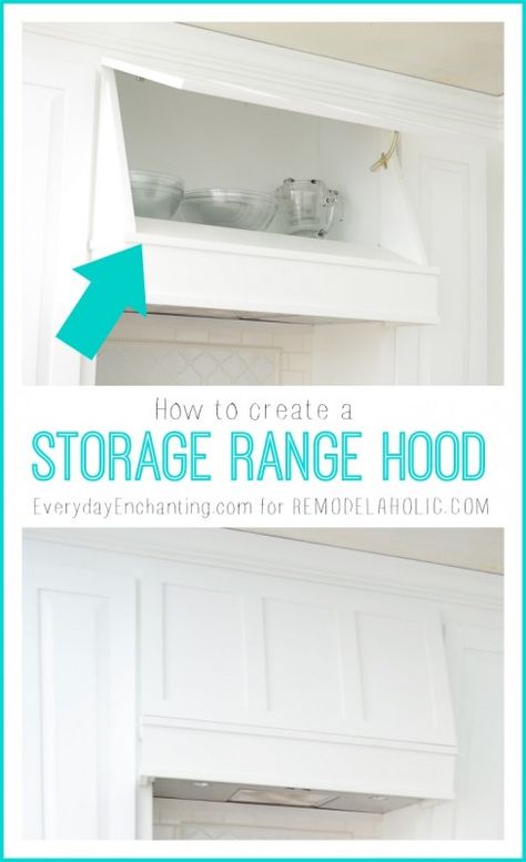 How to create a Custom Storage Range Hood. Nice idea if you have a hood that is not vented to the outside. Smart Kitchen Ideas, Clever Kitchen Storage, Kitchen Vent, Kitchen Hoods, Custom Storage, Laundry Room Storage, Smart Kitchen, Kitchen Redo, Kitchen Remodel Idea