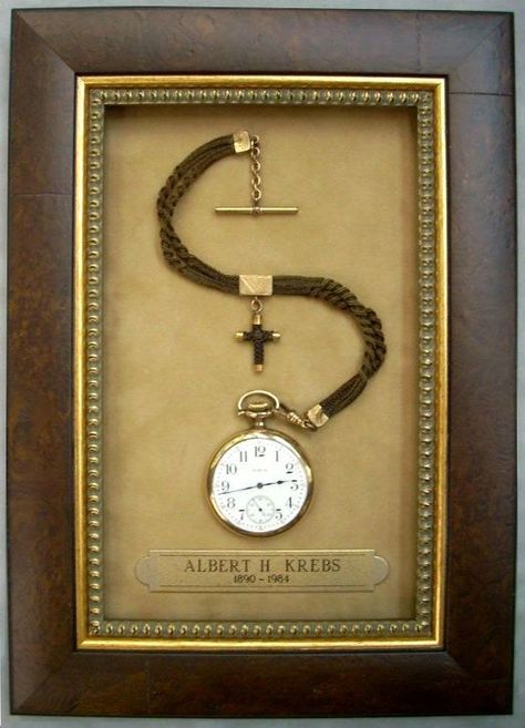 Have a family heirloom that you love, want too be able to see it every day? Custom frame it, example, here is a nice way to display an old pocket watch... Framing Objects, Framed Objects, Genealogy Crafts, Shadow Box Memory, Old Pocket Watches, Framing Ideas, Website Images, Vintage Display, Old Watches