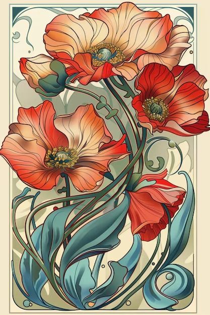 Art Nouveau Doodles, Nouveau Art Illustration, Art Deco Flowers Illustration, 70s Art Nouveau, Art Nouveau Plants, Art Nouveau Designs, Art Nouveau Flowers Illustration, Vintage Botanical Drawings, Fiori Art Deco