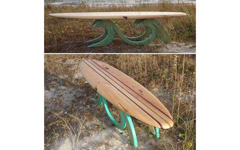 15 Awesome DIY Projects You Can Do With Your Old Sur... Decoration Surf, Surfboard Table, Deco Surf, Deco Nature, Surfboard Art, Surf House, City Furniture, Surf Art, Tiki Bar