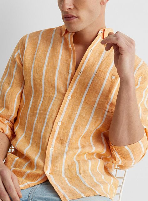 Modern Mens Fashion, Patterned Shirts, Striped Linen Shirt, Linen Shirts, Shirts For Men, Striped Linen, Pure Linen, Modern Man, Shirt Pattern