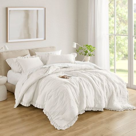 Chelsea Square Himari Diamond Quilted Ruffle Edge Comforter Set - On Sale - Bed Bath & Beyond - 40608628 White Quilt Comforter, Cute Comforters Aesthetic, White Comforter Bedroom, Cute Bed Sets, Ruffle Comforter, Solid Bed, Grey Comforter, Pumpkin Wallpaper, Bed Comforter