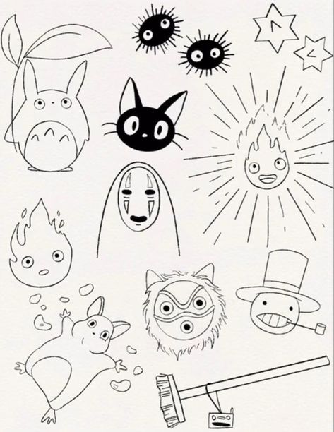 Ghibli Doodle Art, Studio Ghibli Doodle Art, Kawaii Tattoo Flash Sheet, Cute Studio Ghibli Doodles, Easy Studio Ghibli Drawings, Ghibli Characters Drawing, Easy Ghibli Drawings, Studio Ghibli Cute Drawings, Simple Studio Ghibli Art