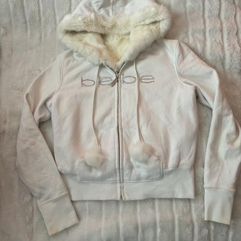 Bebe Zip Up Sweater with Fur Trim Hood and Pom... - Depop White Fur Hoodie Outfit, Hoodie With Fur Hood, Babyphat Y2k Jacket, Fur Collar Jacket Outfit, Fur Zip Up Hoodie, Fur Trim Jacket, Fur Lined Hoodie, Faux Fur Hoodie, 2000s Clothes